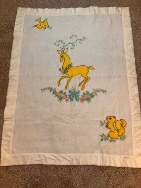 VTG 60s Deer Bird Squirrel Flowers Baby Blanket Penney's Toddletime SATIN TRIM